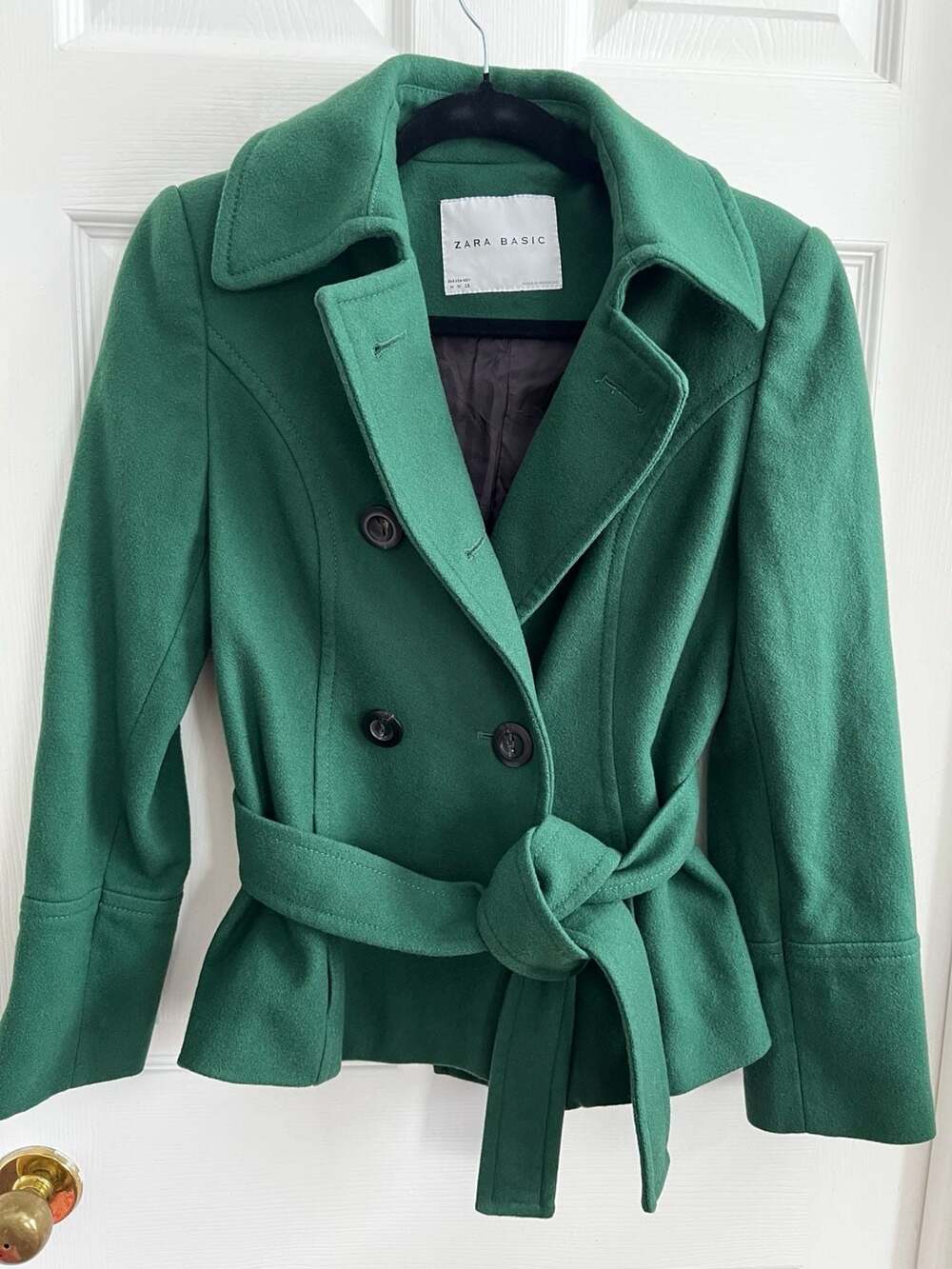 Zara Basic Wool Pea Coat Size M Green Belted Double Breasted